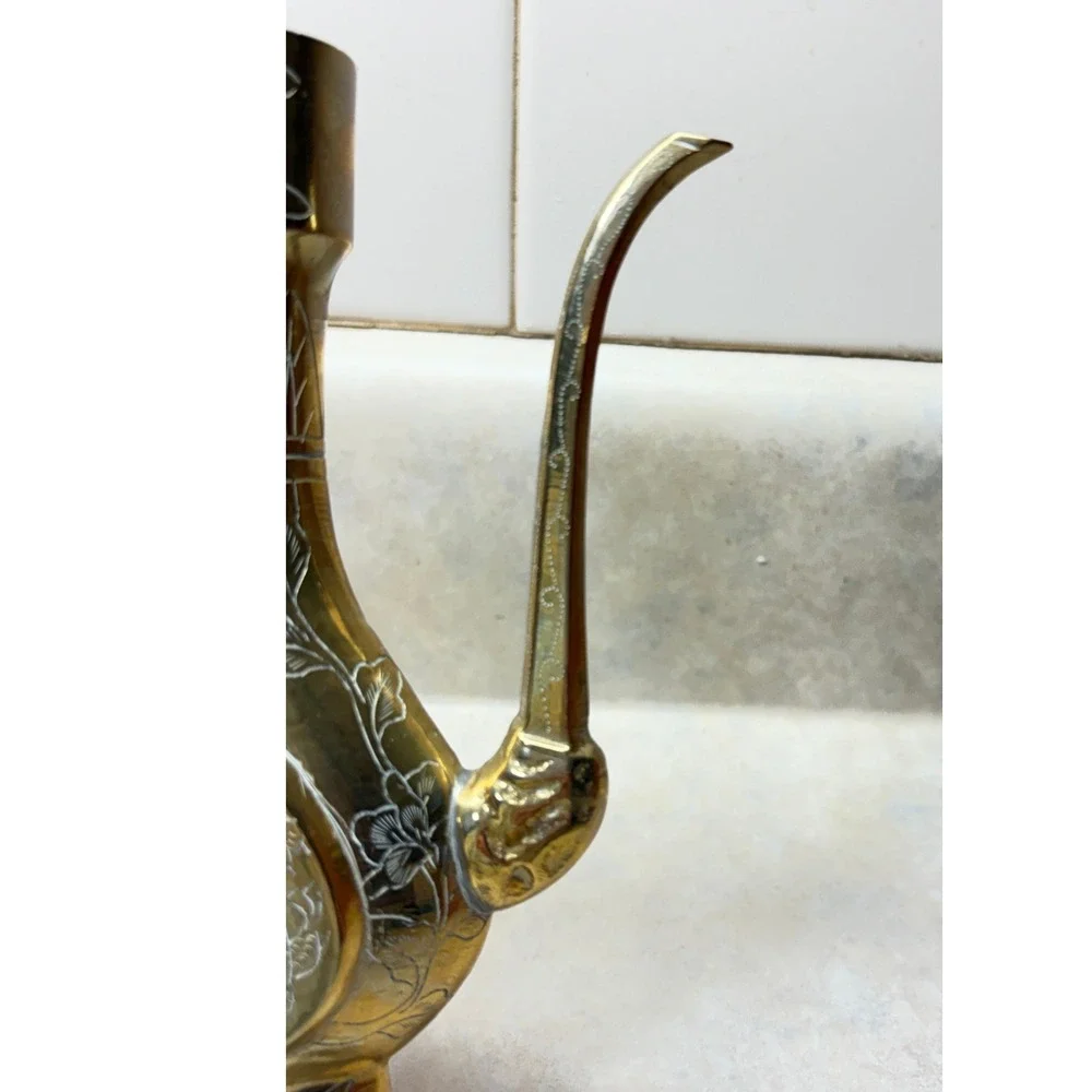 Vintage Etched Brass Ewer Pitcher Dragon Floral Design Decorative Accent FLAW 7" - Picture 6 of 12